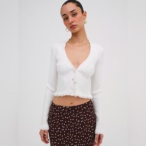 For Love & Lemons Nina Ivory Lace Trim Cropped Cardigan – Size L